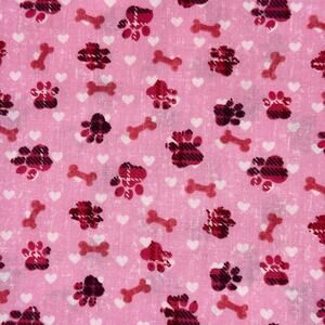 Red Plaid Paw Prints on Pink Cotton Fabric - 1/2 Yard - Bones, Hearts, Dogs